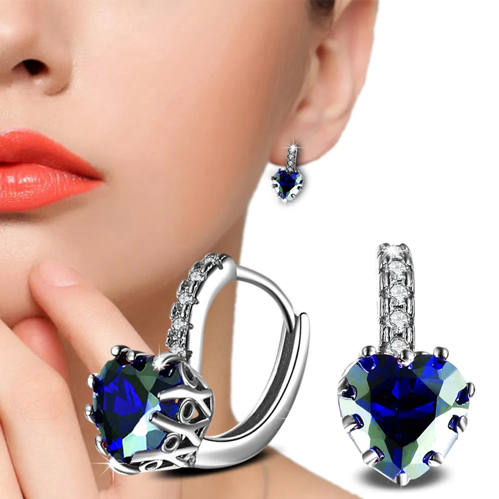 Heiße Verkäufe 925 Silber Nadel Schmuck AAA Zirkon Ohrringe Für Frauen Brincos Liebe Herz Blauen Kristall Ohrringe Zubehör Hochzeit