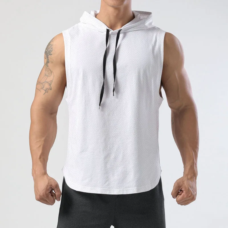 Sleeveless Running Vest Men Shirt with Hat Solid Color Cool Sleeveless Shirt Hooded Sweat Shirt Outdoor Gym Cycling Sports Wear