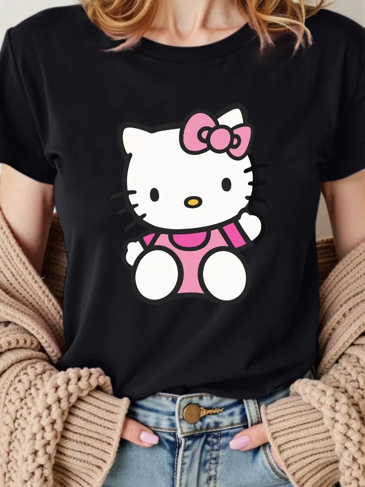 

New Fashionable Summer Womens Hello Kitty Pattern Casual Loose Round Neck Short T-shirt Pure Cotton Shirt Top Plus Size Harajuku