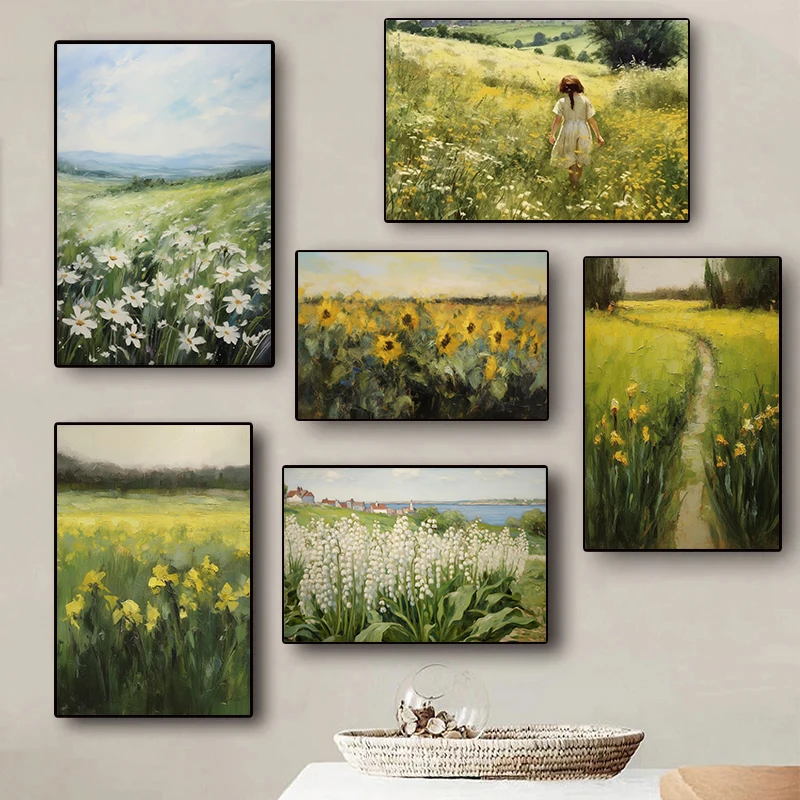 Vintage Colorful Countryside Spring Autumn Wildflowers Forest Field Scenery Poster Canvas Paintings Wall Art Pictures Home Decor