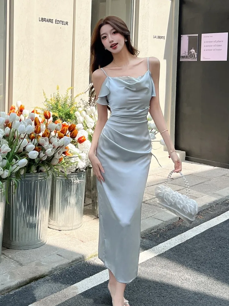 Elegante Vrouwen Swing Kraag Kanten Afwerking Satijnen Spaghetti Jurken Effen Kleur Taille Geplooide Backless Jurk Zomer Vestidos Nieuw