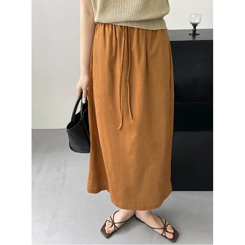 

Linen Skirt Women's Retro Elastic Waist Drawstring Slit Covered Crotch Long Skirts