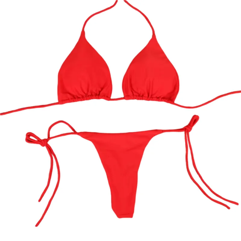 Solid Red String Bikini Set Halter Neck Triangle Top Side Tie Thong Bottom Women Summer Beach Swimwear