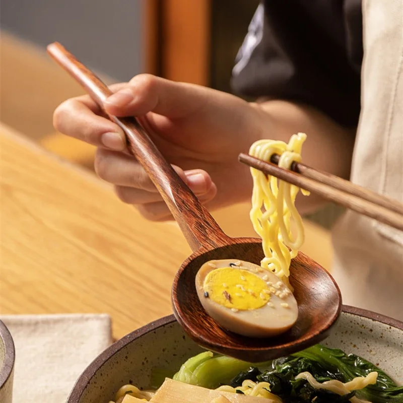 

Round Wooden Ramen Spoon with Long Handle, Japanese Tableware,Serving Tablespoons,Large Soup Ladle,Home Kitchen Cooking Utensils