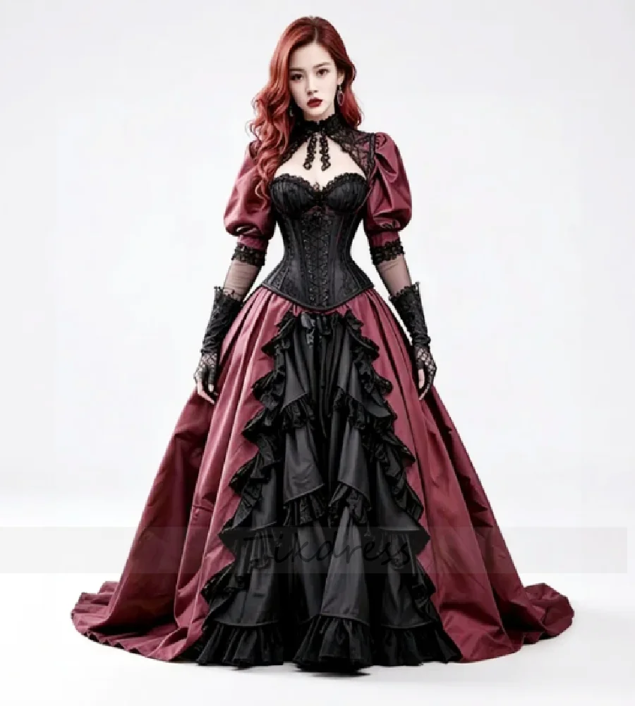 

Dark Romantic Victorian Gothic Wedding Dress Alternative Halloween Vampire Corset Bridal Gowns Lace Tiered Ruffles Costume