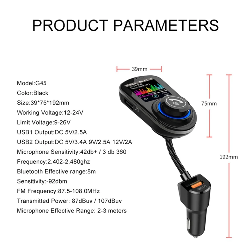 G45 1.8 بوصة شاشة LCD بلوتوث 5.0 مشغل MP3 للسيارة QC3.0 شاحن سيارة لاسلكي يدوي FM الارسال محول الراديو