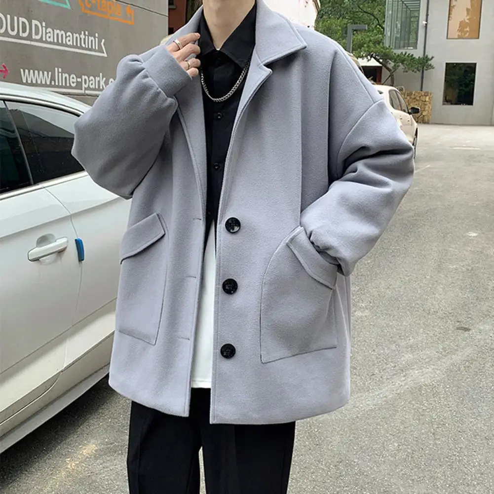 Men Woolen Coat Lapel Long Sleeve Single Breasted Windbreaker Loose Fit Mid-length Coat With Pockets Formal Wear