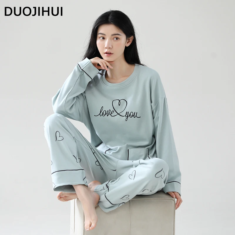 DUOJIHUI Pure Color Chic Pocket Casual pigiama per le donne autunno nuovo con pettorina Pullover Basic Pant Simple Female pigiama Set