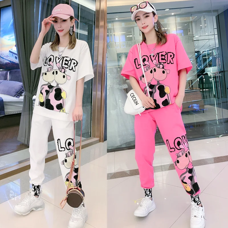 Spring White Diamond Cartoon Bear Short Sleeve Tracksuit Women Two Piece Sets,T Shirt and Harem Pants