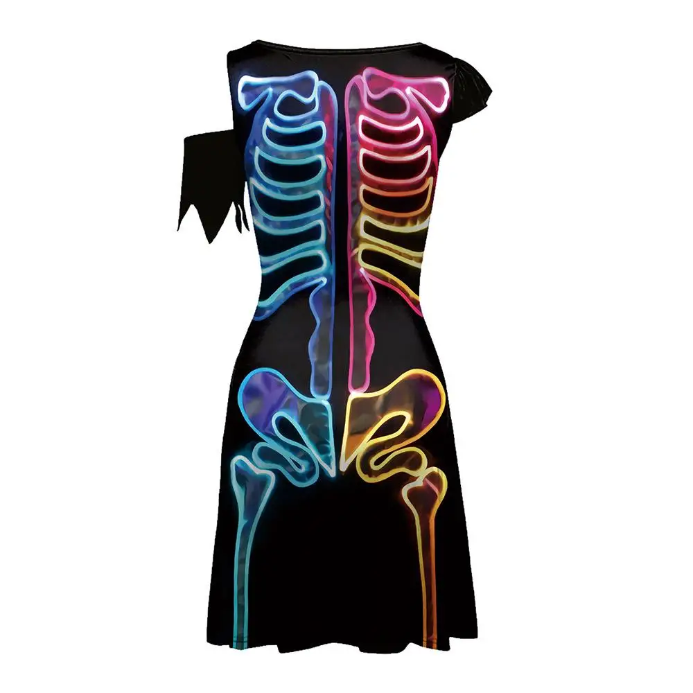 Halloween Skeleton Horror Dr k Sle Polyestervezel ort Sve Onregelmatige zoom Midi Dr voor dames Busin Occ...