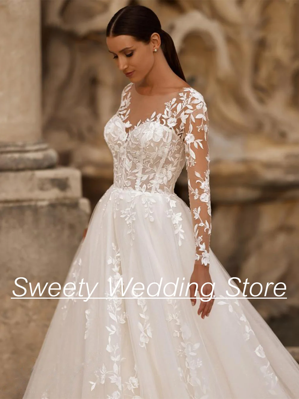 فستان زفاف للمرأة العروس مخصص كم طويل رقبة سكوب زين سويب تراين الوهم فستان زفاف Vestidos De Novia