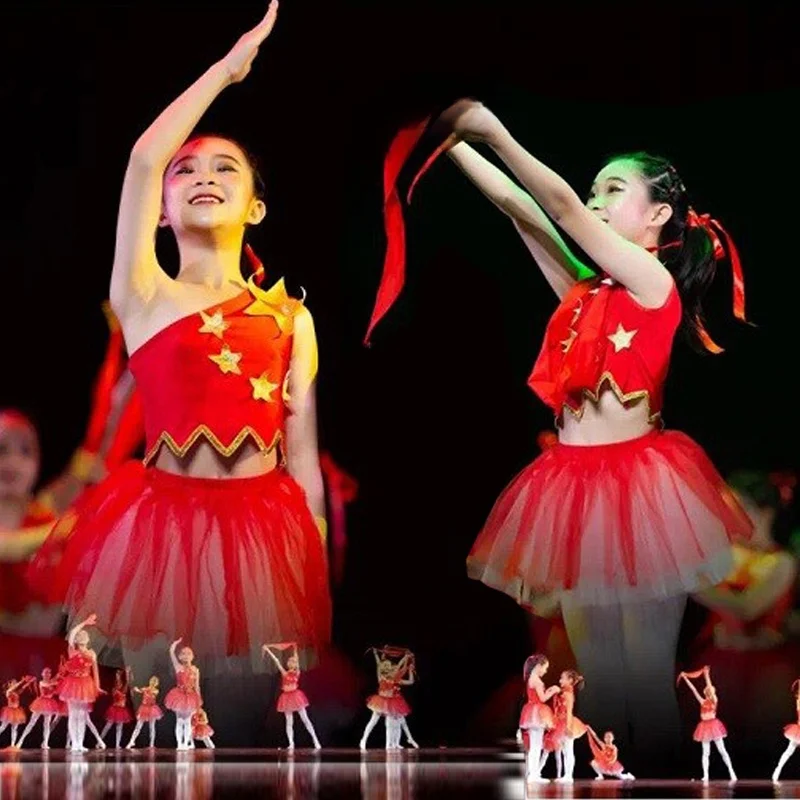 

Children's Performance Outfit Red Scarf Girl's Puffy Skirt Dance Performance Costume National Stage Clothing Female Toddler
