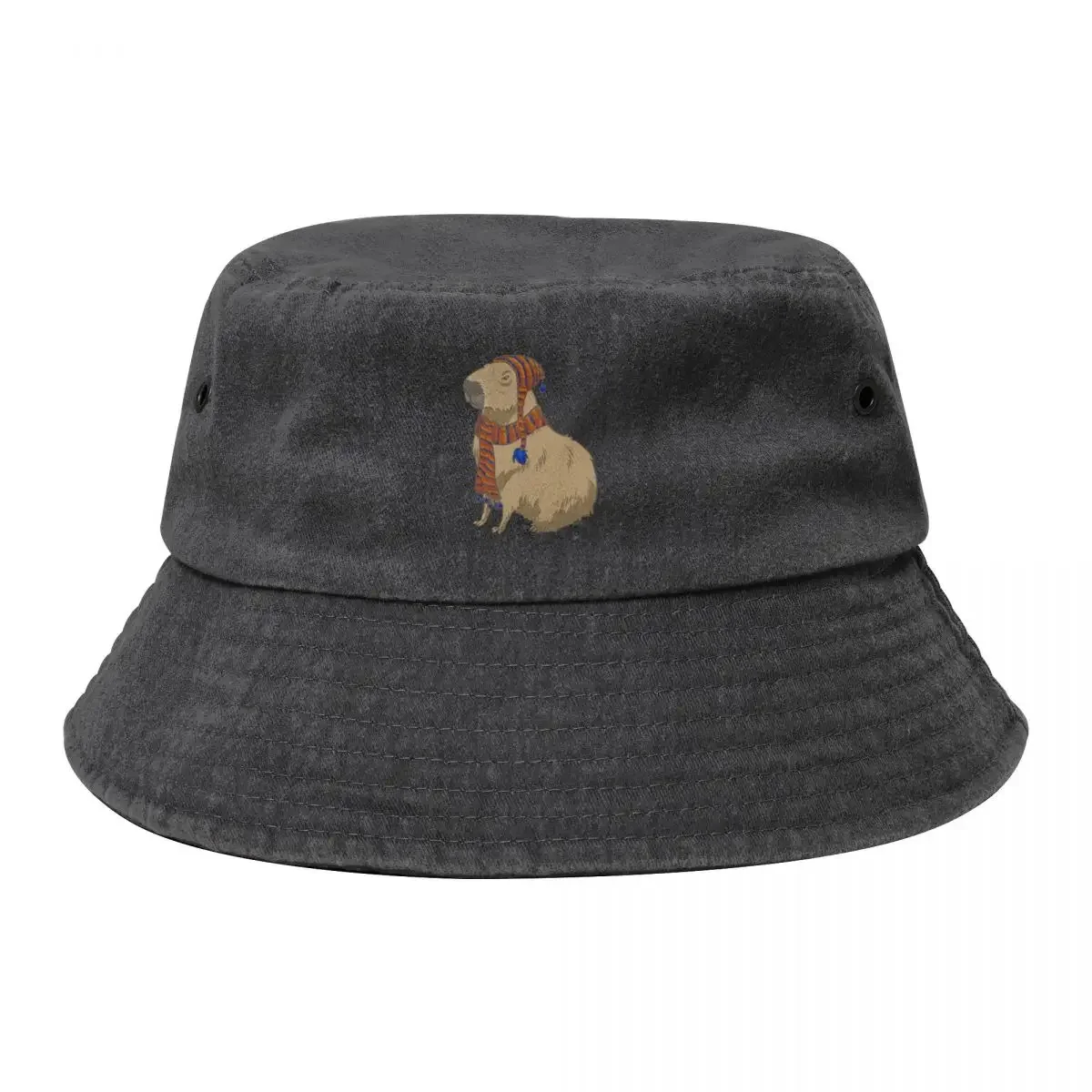 Anime-style Capybara Just Sitting There with Hat and Scarf Bucket Hat |-F-| cute Baseball Men Women's