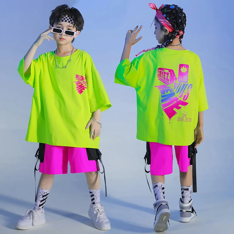 Traje de baile de Hip Hop con estampado verde para niños, traje holgado y atractivo para niña, pasarela de escenario, baile de Jazz, pantalones cortos morados