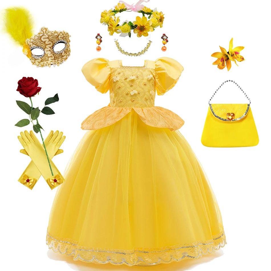 Girls Birthday Party Costume Yellow Pearl Sequin Lace Embroidery Princess Dress Disney Beauty And The Beast Cartoon Cosplay Sets