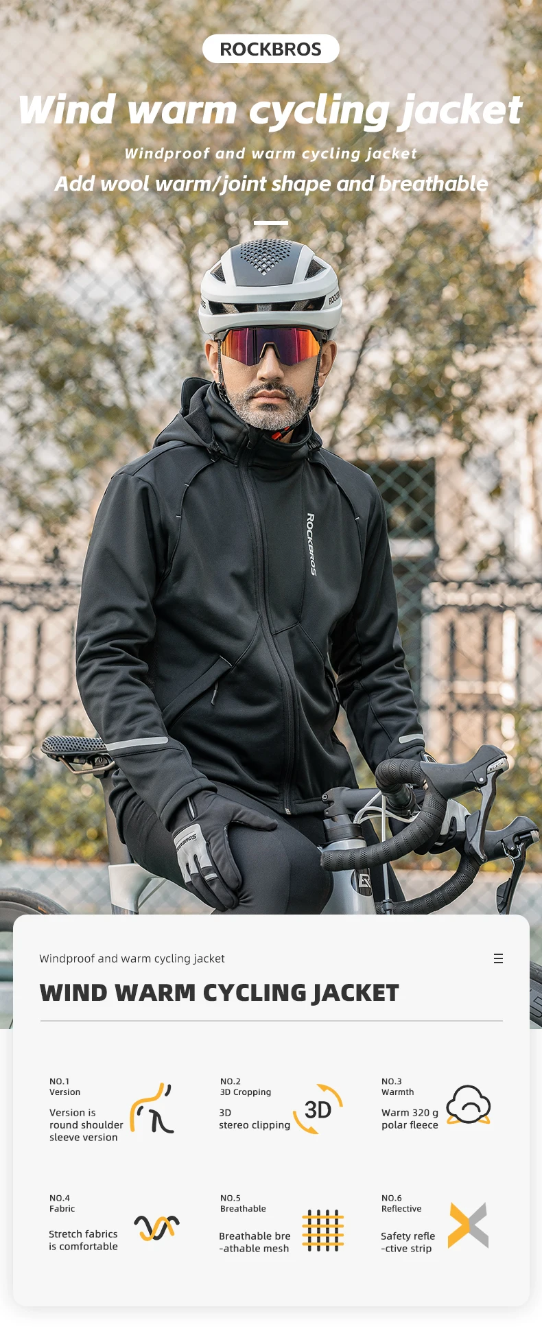 ROCKBROS Fahrrad Jacke Winter Radfahren Kleidung Thermische Fleece Langarm Radfahren Bike Kleidung Wärmer Winddicht Sportswear – Detail 1