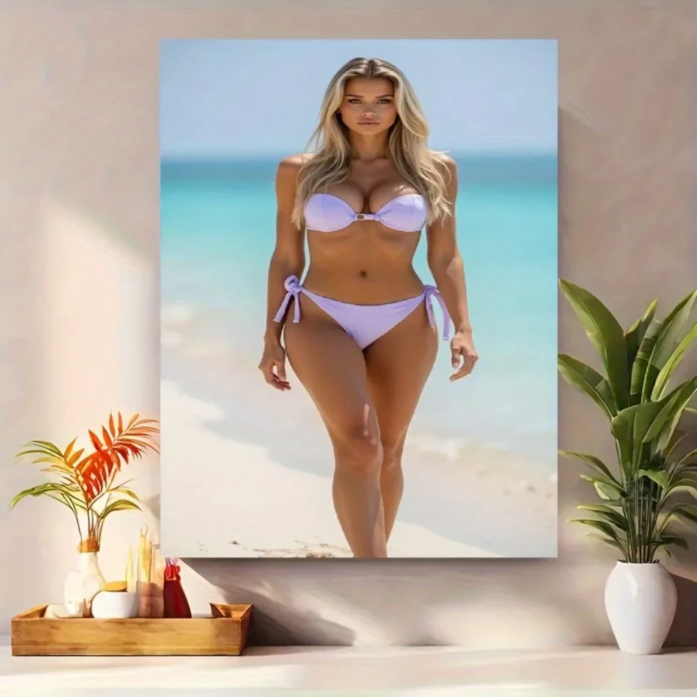 2D Metal Wall Art, Purple Bikini Beach Landscape Print on Turquoise Water, Frameless Vibrant Summer Wall Decor for Home Office C