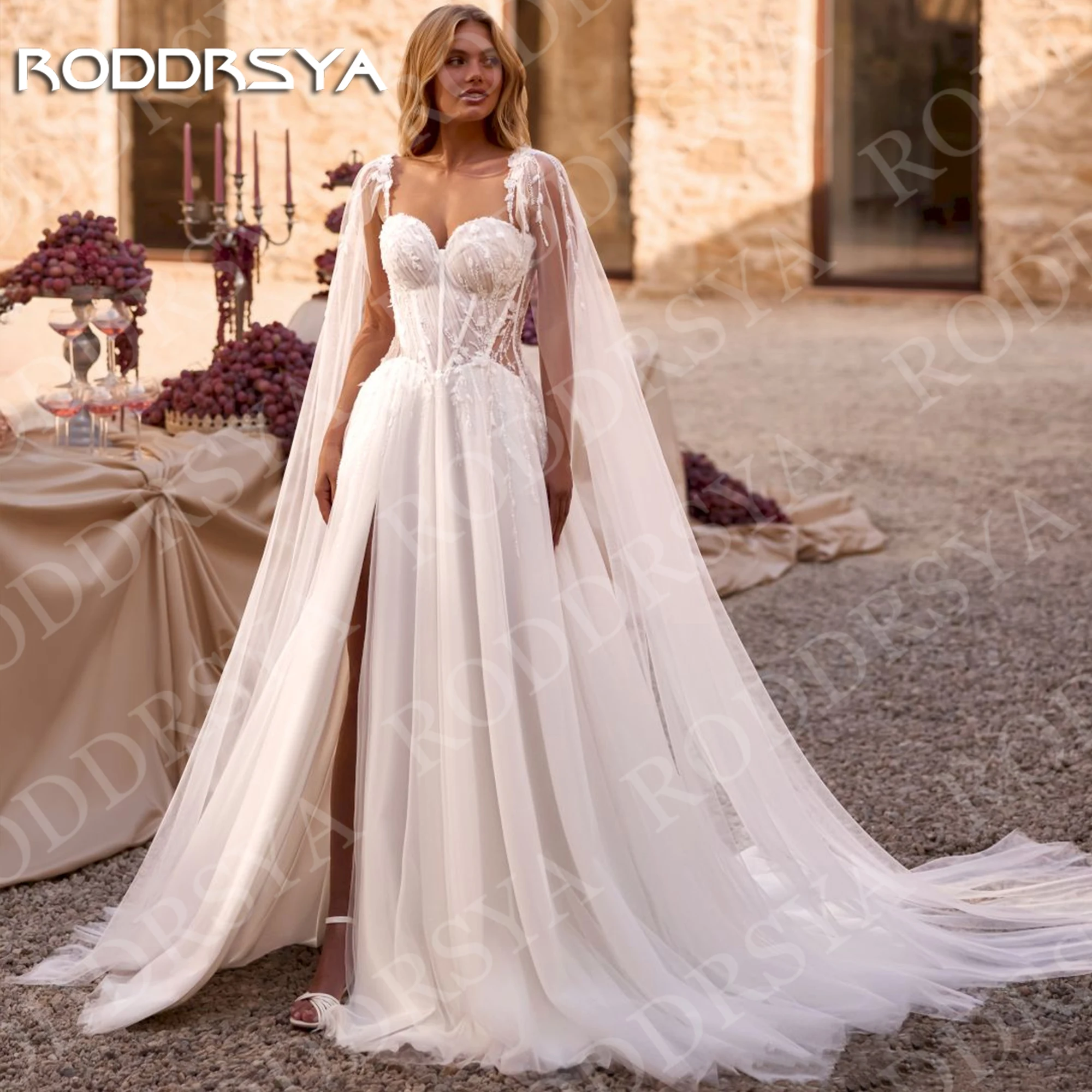 

RODDRSYA Wedding Dress Romantic Boho Woman Tulle Detachable Cape Sleeves Beach A Line Bridal Dresses 2026 Customized High Slit