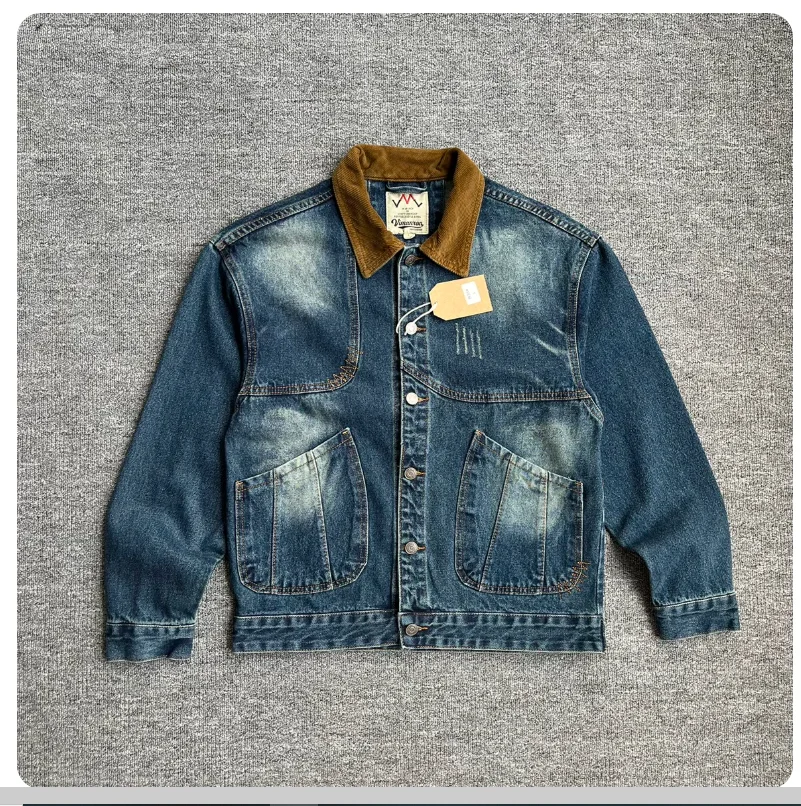 American Retro Washed Denim Jacket Spring Autumn Contrast Collar Classic Style Men's Casual Outerwear