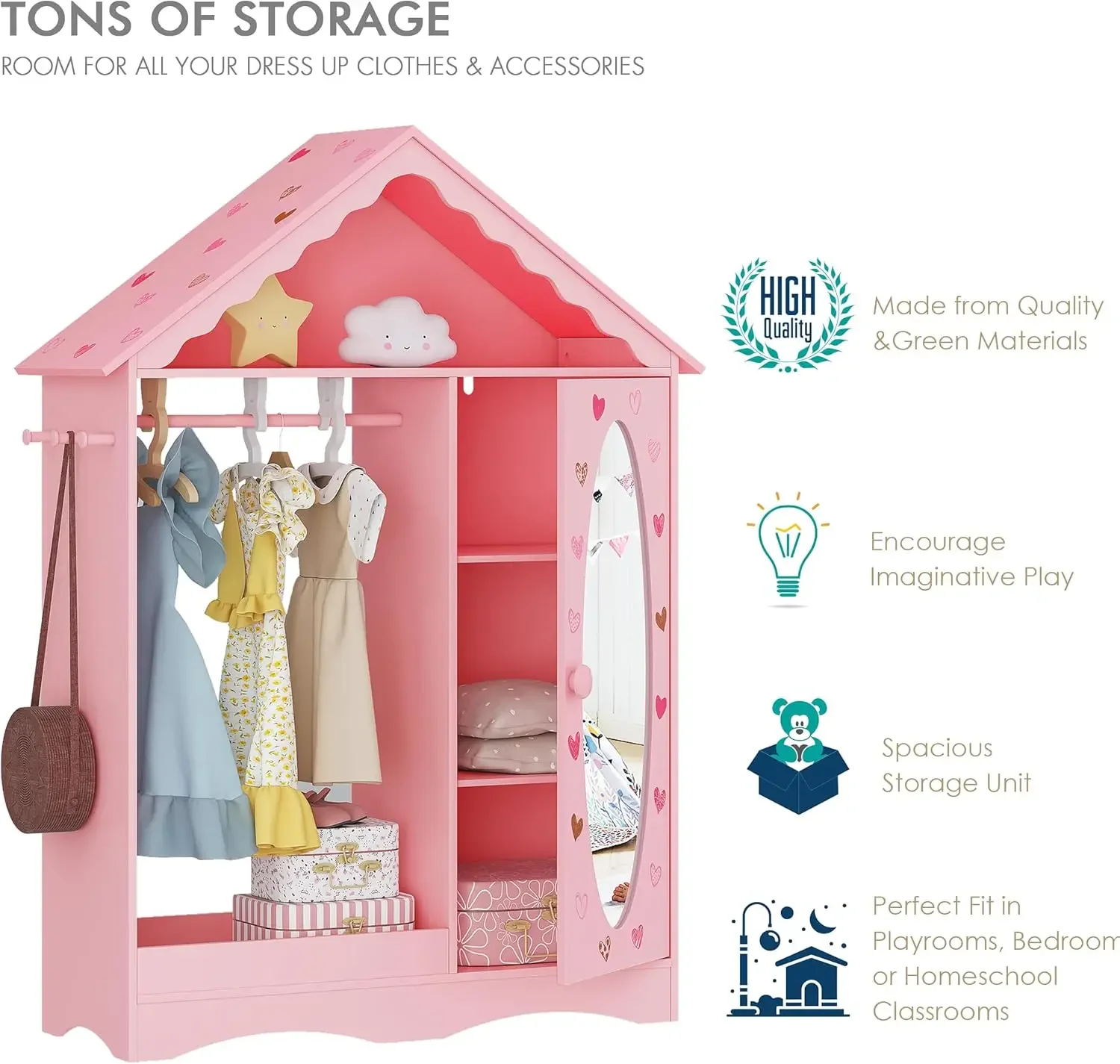 Kids Dress Up Storage with Mirror, Kids Wardrobe Closet, Dress Up for Little Girls, Open Hanging Kids Costume Organ