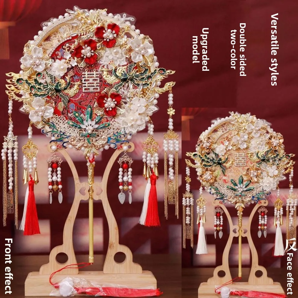 حزمة مواد ذاتية الصنع منتج نهائي مصنوع يدويًا على الوجهين مروحة زفاف Xiuhe الفاخرة #3