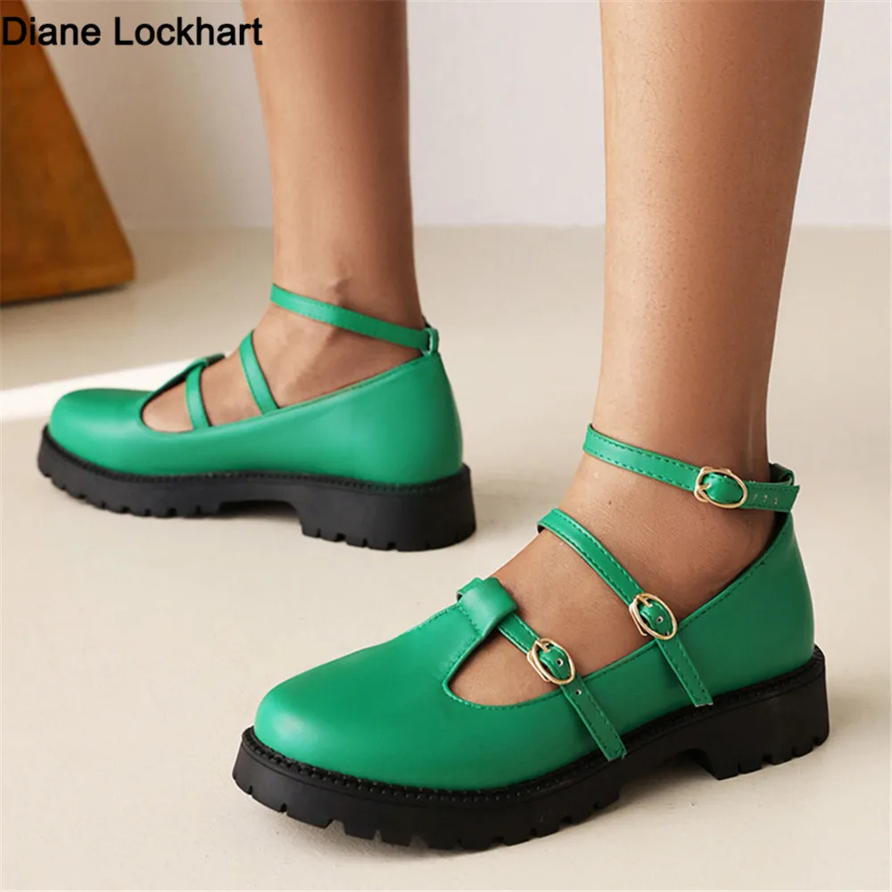 2023 mulheres apartamentos tornozelo cinta fivela mocassins moda dedo do pé redondo plataforma sapatos casuais senhoras retro estilo britânico tamanho 34-42 verde