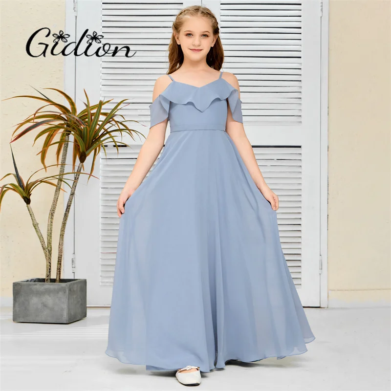 Schulter freie Chiffon Junior Brautjungfer Kleid Hochzeit Geburtstags feier Abschluss feier Festzug Event Ballkleid Abschluss ball für Kind