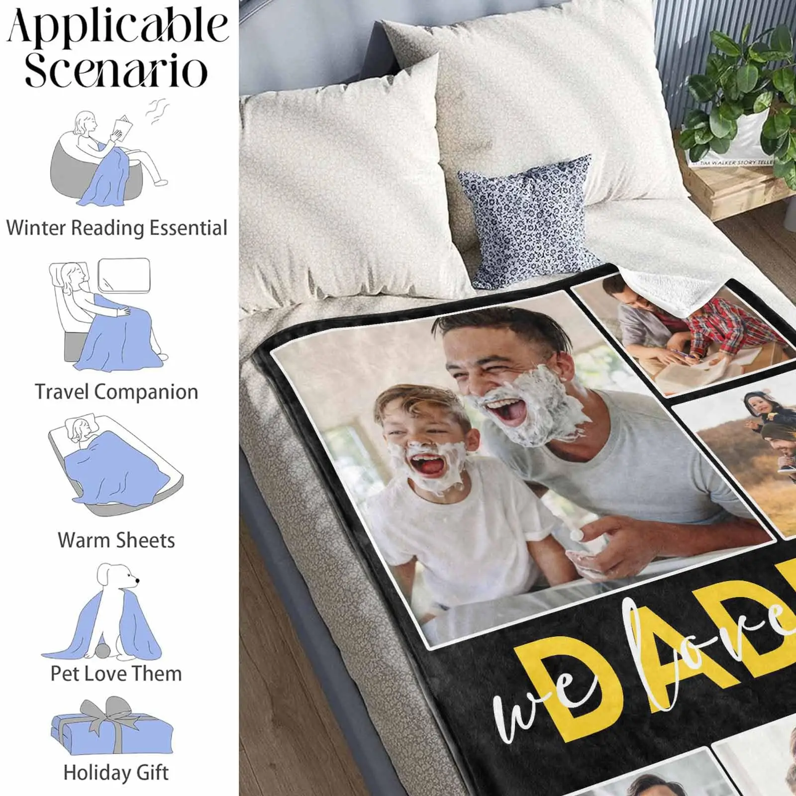 Personalized Gifts for Father's Day Custom Photos Blanket with Daddy We Love You Throw Blankets, Customized Photo