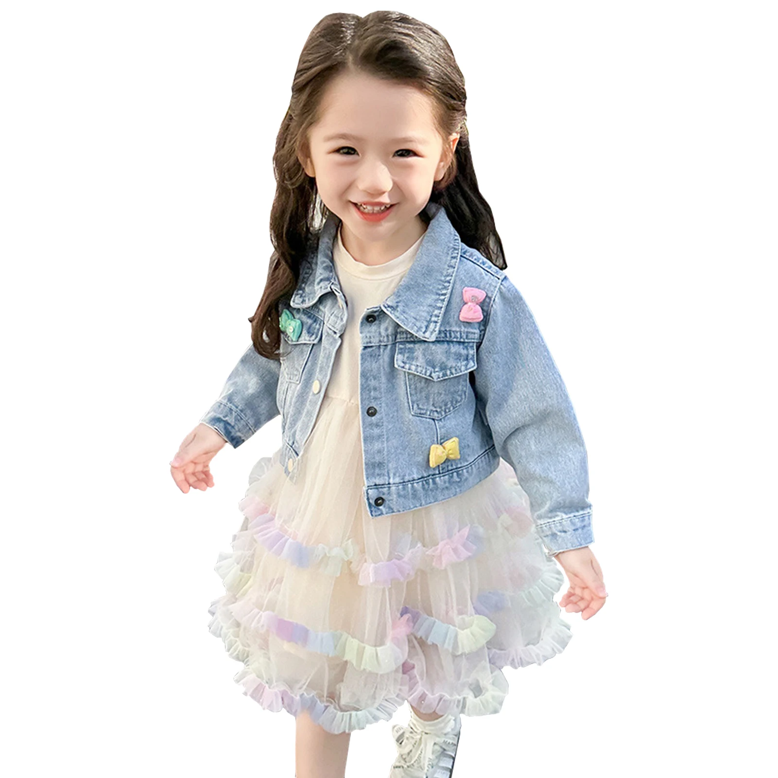 

Girls Denim Jacket Long Sleeve Dress Lapel Bow Toddler Kids Short Cowboy Jacket with Mesh Cake Skirt Princess Dresses Set