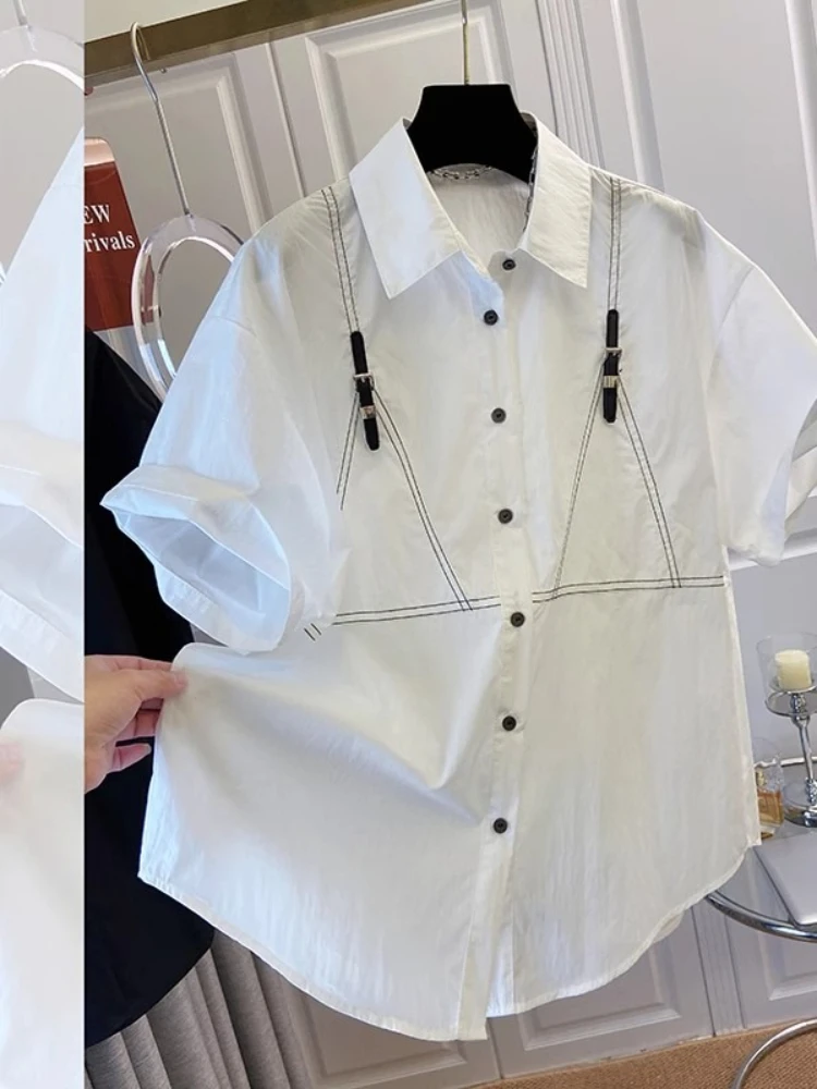 

Summer New Shirt Fashion Design Niche Splicing Short Sleeved Tops For Women Streetwear Personality Loose Versatile Blouse