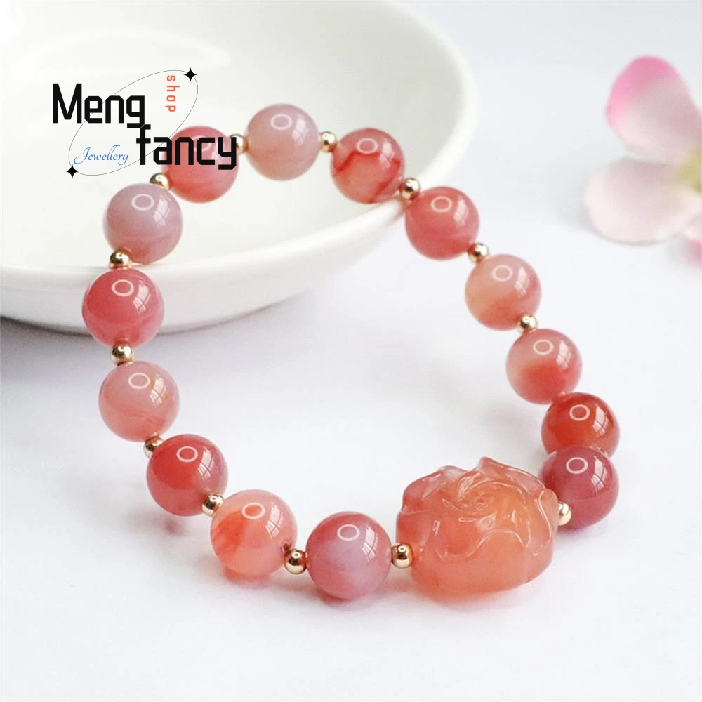 Natural Salt Source Agate Round Bead Strings Peony Flower High-grade Bracelet Simple Elegant Luxury Quality Jewelry Holiday Gift