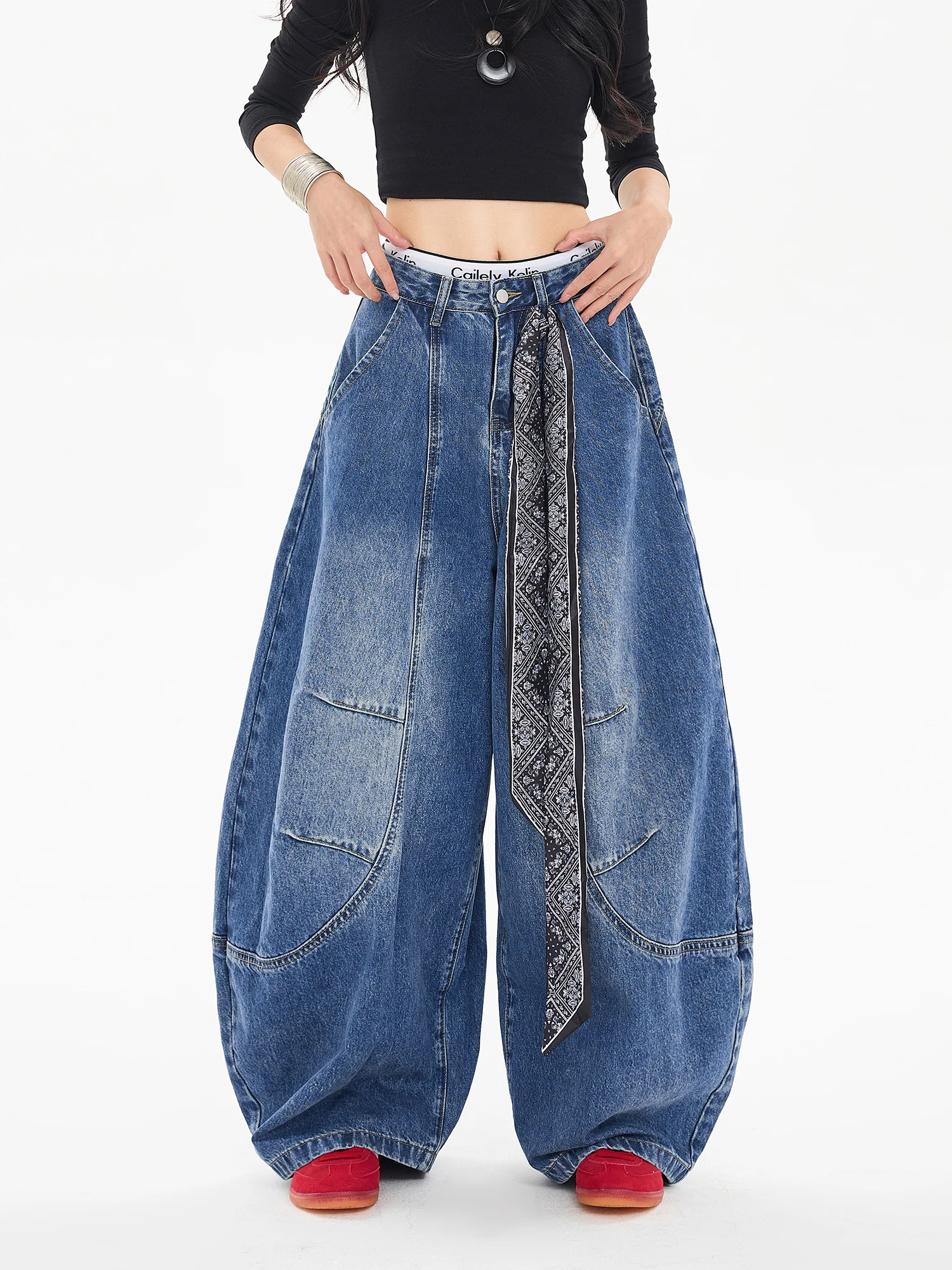 

Женские свободные джинсы с широкими штанинами, синие, весенние, с низкой посадкой, с нашивками, повседневные, на молнии