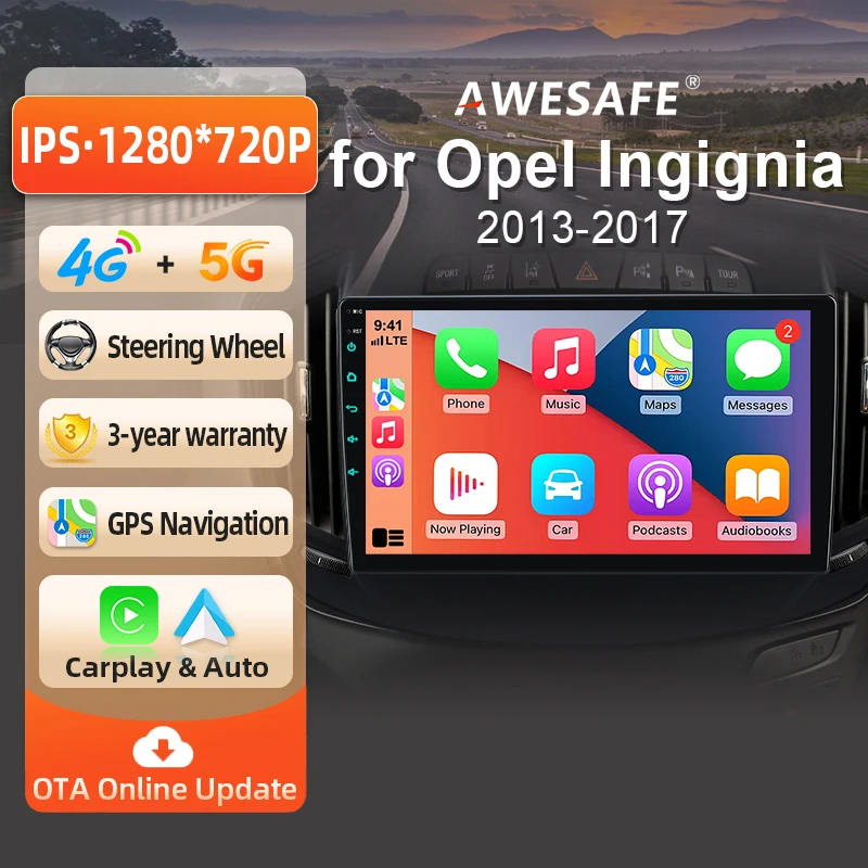 AWESAFE Radio Android 9 pouces pour Opel Insignia 2013-2017, CarPlay et Android Auto sans fil, navigation GPS, support multimédia, commande au volant, amplificateur de subwoofer, caméra arrière avec CAN-BUS Plug and Play, autoradio numérique DAB+, autoradio 2 DIN, stéréo RDS DSP