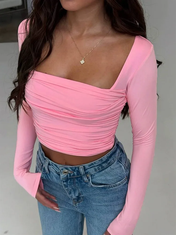 Absobe Vrouwen Herfst Nieuwe Vierkante Hals Effen Lange Mouw Crop Top Slanke Ruches Tee Fashion Casual Basis T-shirt Stijlvolle Streetwear
