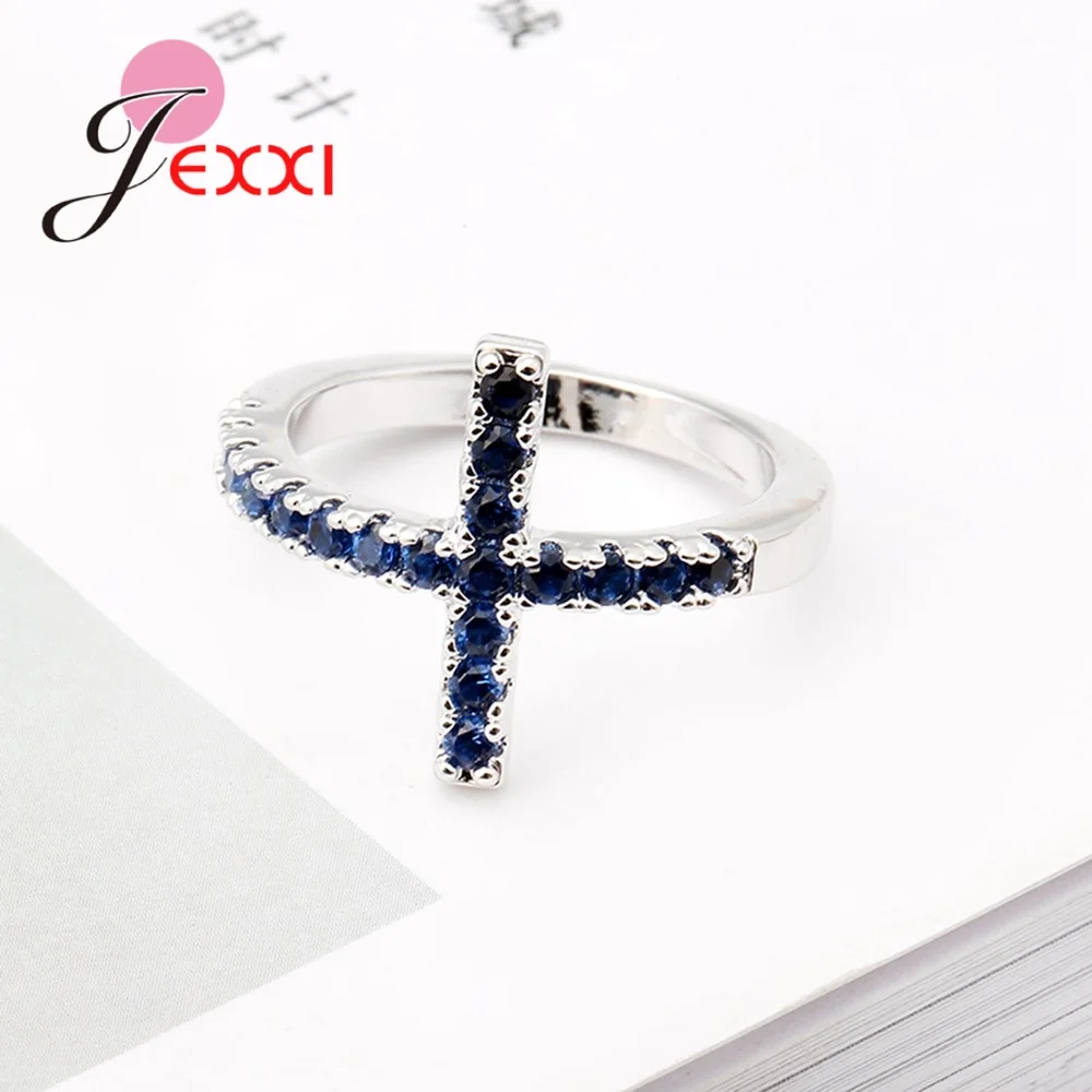 Band Daily Life 925 Sterling Silver Girls Rings Fashionable Cross Shape Setting Dark Blue AAA Zircon Women Party Cute Ring