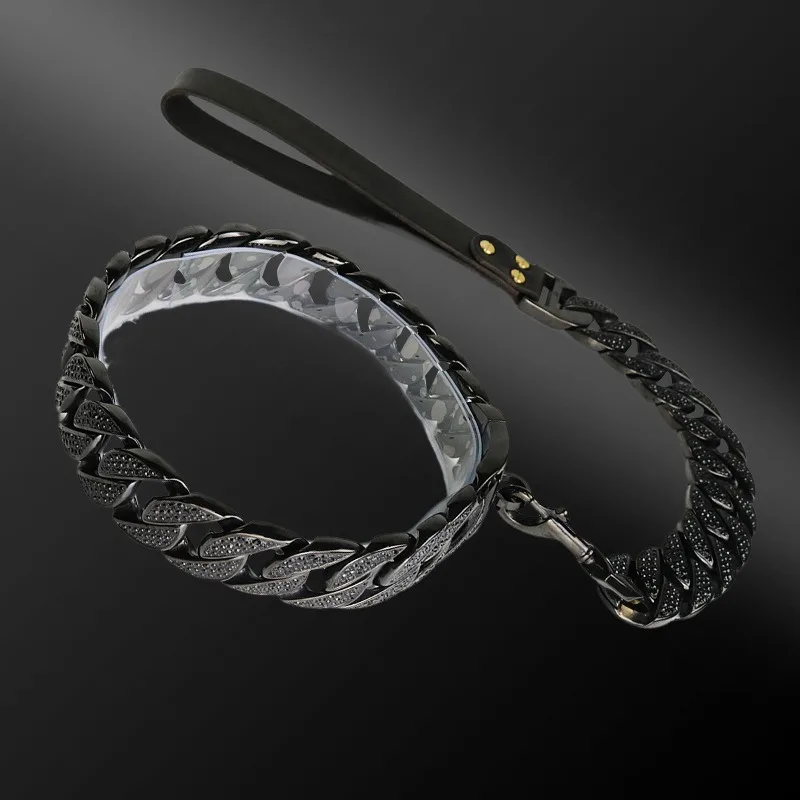 Custom Manufacturer Luxury Designer Collars and Leashes Durable Stainless Steel Cuban Link Luxury Dog Collar and Leash Set