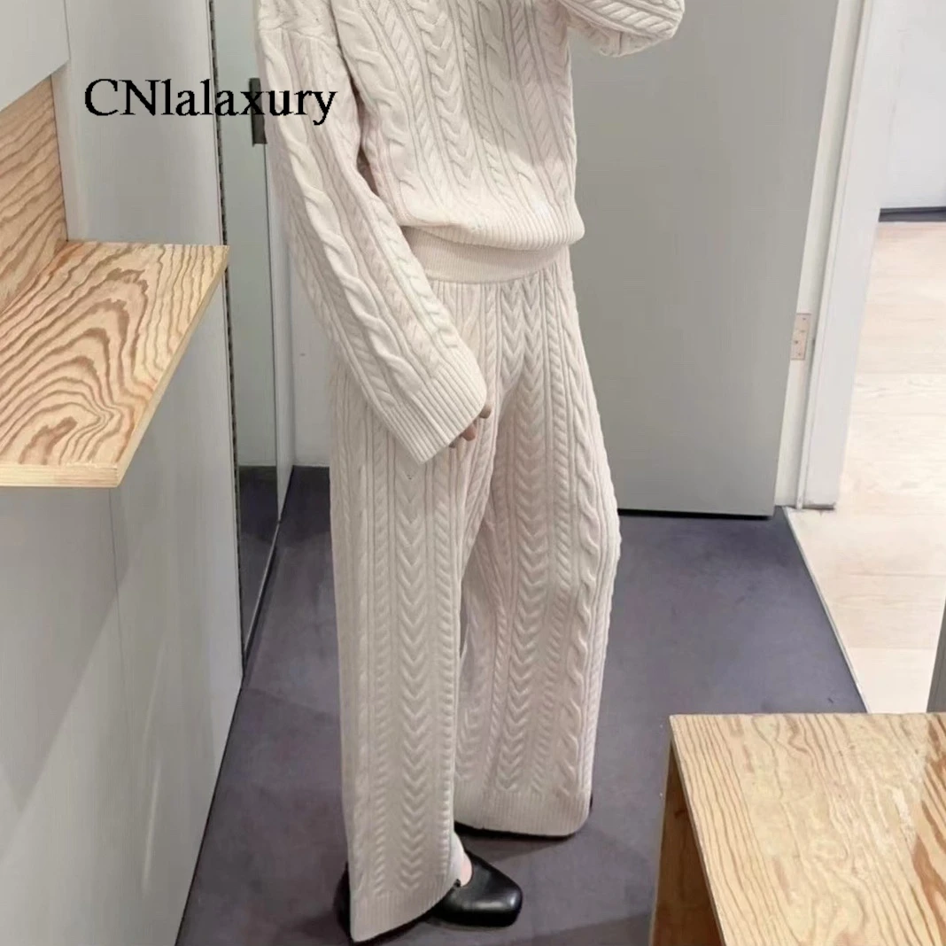 CNlalaxury Casual Solid Color Sweater Set Women Knitted Long Sleeve Pullover Or Trousers Thickened Pants Suit