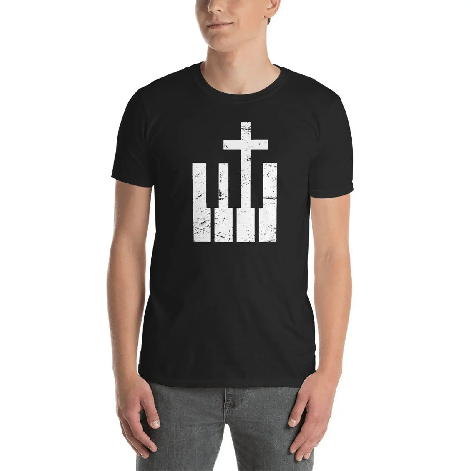 Keyboard And Cross Musician Christian Band T Shirt  vintage Washed homme Unisex graphic Comfortable Casual Slightly streetwear