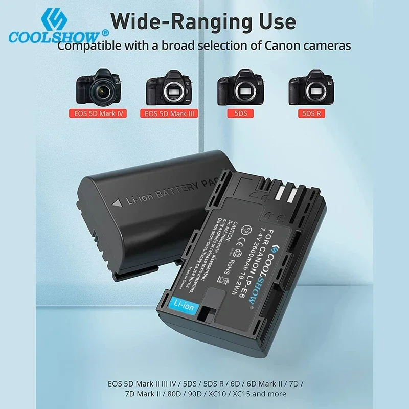 LP-E6 LP E6 Battery for Canon EOS 5DS 5D 6D 7D 60D 60Da 70D Mark II Mark III 80D XC10 DSLR 2600mAh Batteries Charger view 4