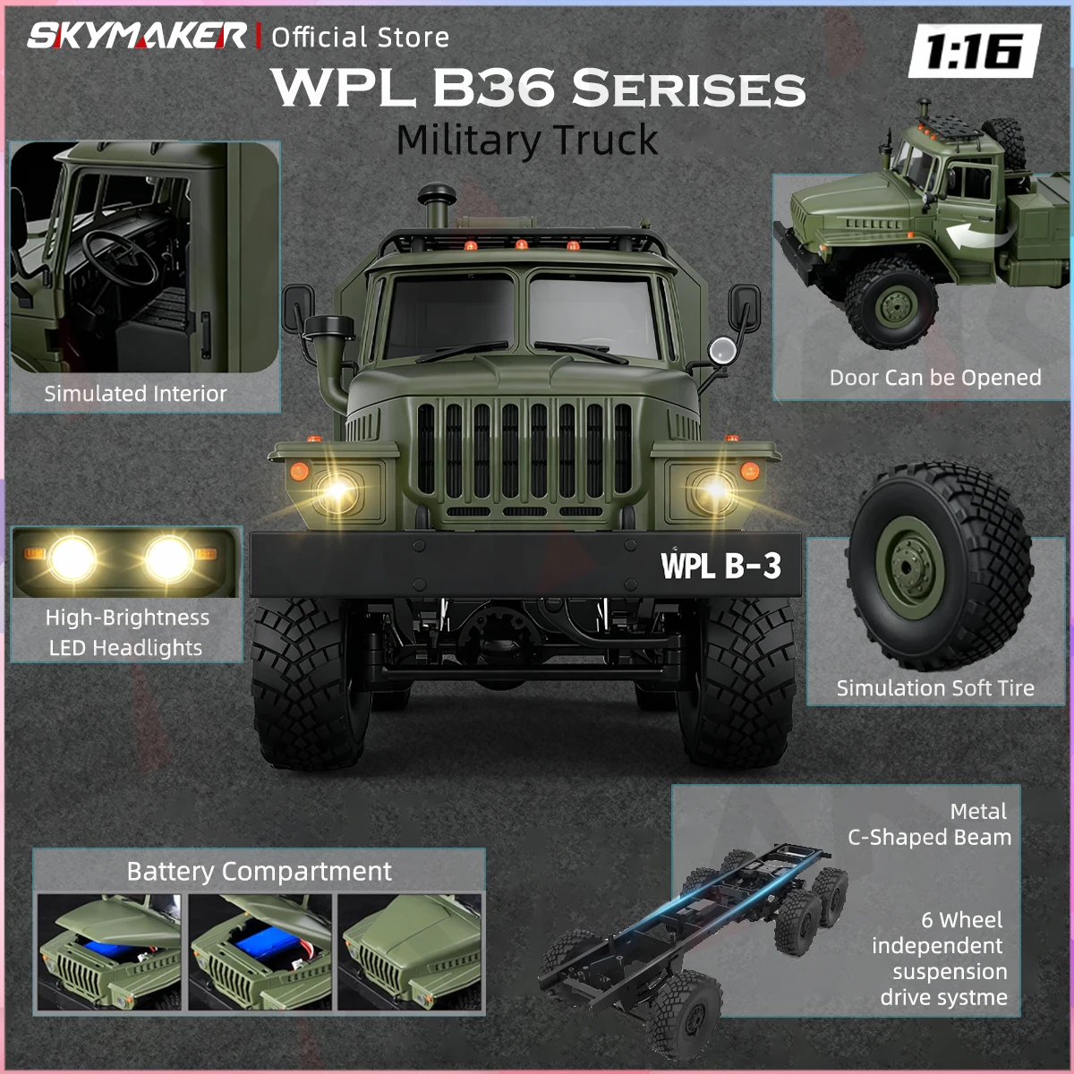 WPL B36 B36-2 B36-3 6WD RC Car 1:16 Full Scale Military Transport Vehicle Model Six Wheel Drive Climbing Off-Road RC Truck Toys