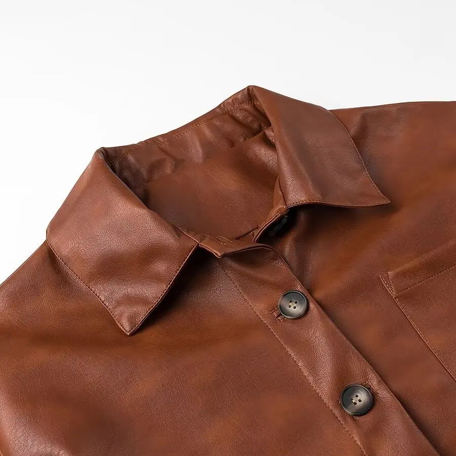 JNLEAOG New Faionable Casual Leder Jaet Damen Street Sle Design All-Match Simple Ele Long Sve Mantel