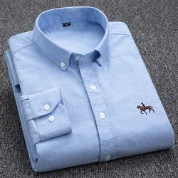 2024 Men's Long Sleeve Dress Shirt Men Pure Cotton Oxford  Embroidered Horse Casual Without Pocket Solid Shirt Plus Size