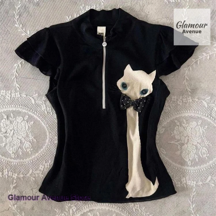 

American style bow zipper short sleeve T-shirt female spring and summer new cat print fashion temperament design retro spice top