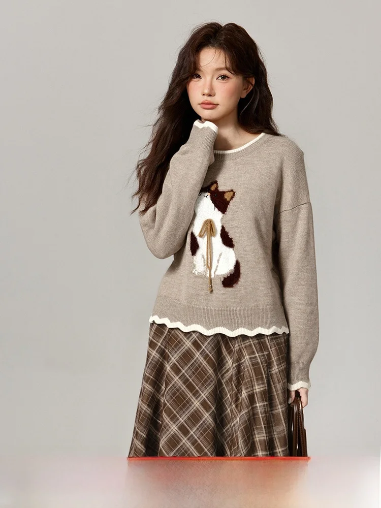 

Осенний вязаный комплект, женский модный утягивающий нежный милый костюм из двух предметов с высокой талией, свободный крой, повседневный универсальный размер