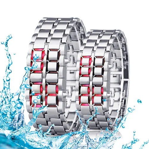 Imagen 2 del producto Reloj de pulsera Digital de Lava a la moda para hombre, relojes con pantalla LED roja y azul de Metal negro, regalos para hombre y niño, reloj deportivo creativo