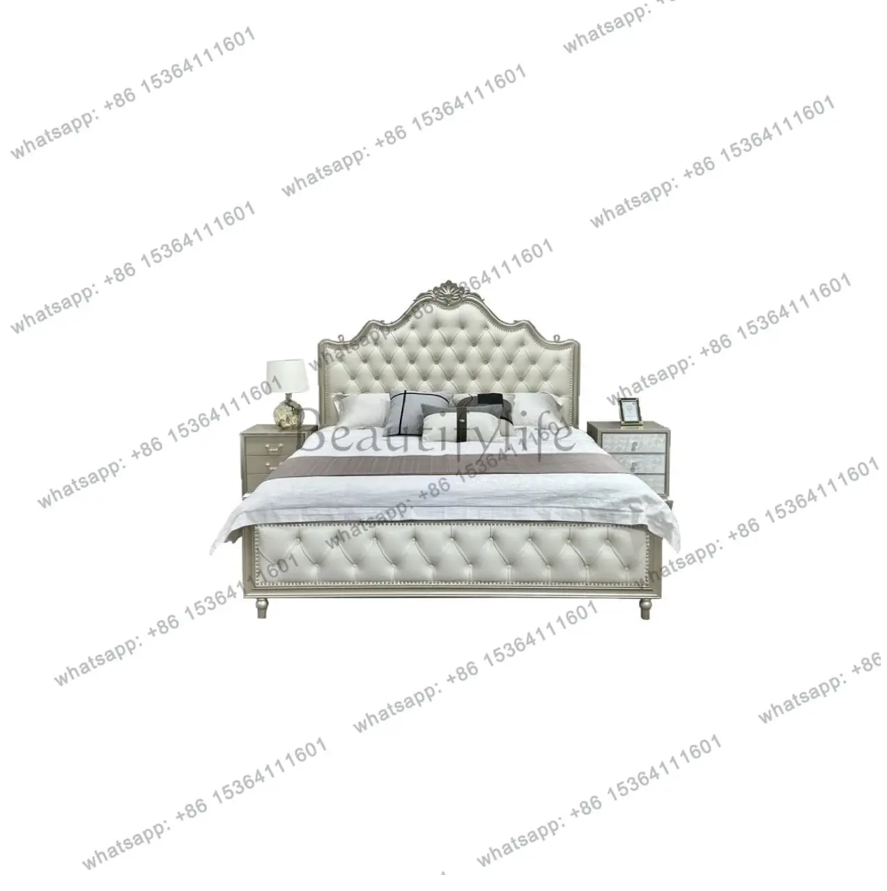 

American light luxury mountain-shaped French carving simple modern luxury leather art solid wood double bed