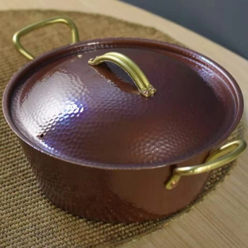 Handcrafted Vintage Copper Pot,Camping Thickened Pot With lid Cooking Utensil Simmering Pasta Stewing,24.5 cm Hammer Texture Pot view 3