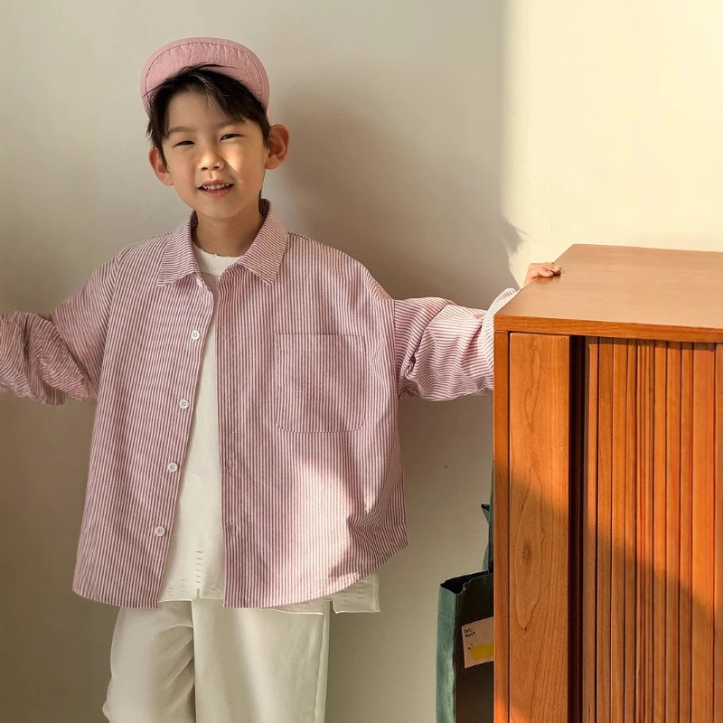 

2025 New Boys' Long Sleeve Shirt Autumn Children's Striped Loose Shirt Casual Lapel Versatile Top Trend