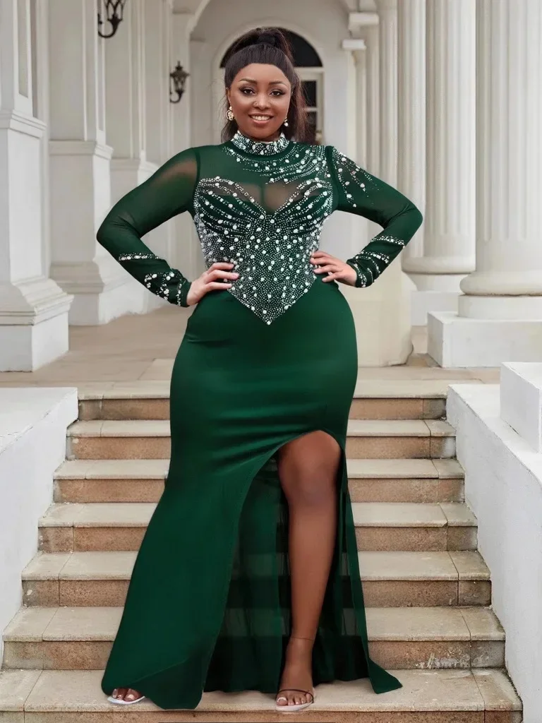 

Plus Size Sexy See-through Pearl Detailed Long Dress Women's Bodycon Skirt Split Cross-border New Arrival Independent Station...
