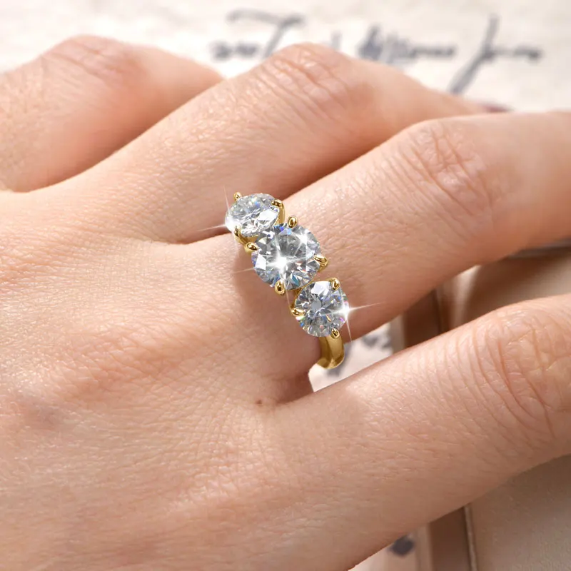OXTAO 3 Stone Moissanite Engagement Rings for Women 14K Gold Filled 6.5mm VVS1 D Wedding Rings Jewelry Anniversary Gifts